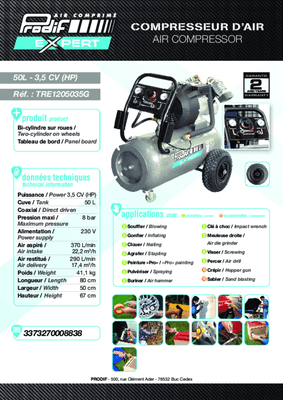 Pièces détachées - Pièces déttachées - Compresseur monophasé 50 L 8 Bar 3,5 CV