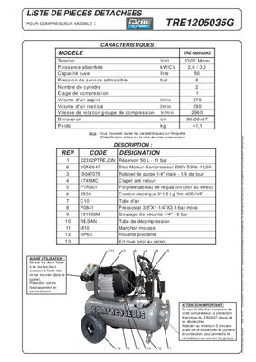 Pièces détachées - Pièces déttachées - Compresseur monophasé 50 L 8 Bar 3,5 CV